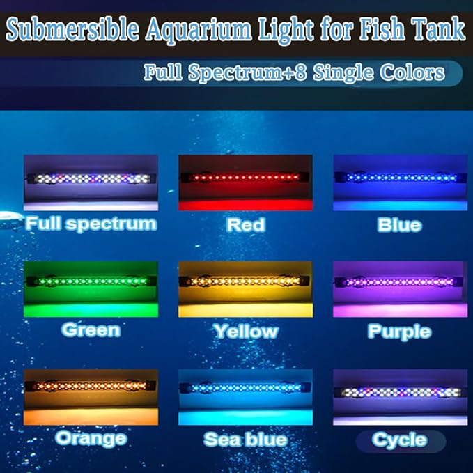 Submersible Aquarium Light for Fish Tank,24/7 Mode Full Spectrum LED Fish Tank Light with Air Bubble Hole RGB Color Changing Brightness Timer Adjustable,19.6inch 14W Fish Light