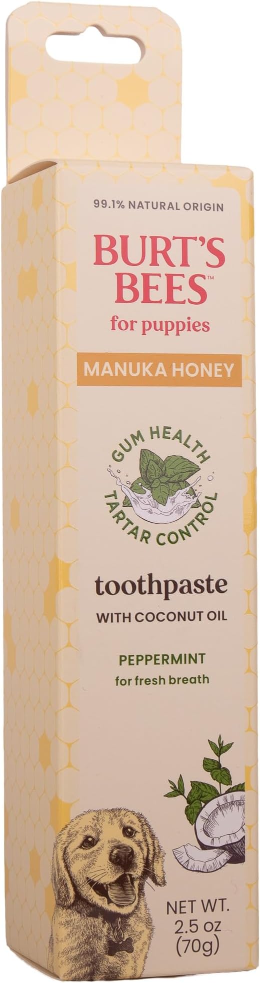 Burt's Bees for Pets Peppermint Toothpaste for Puppies with Manuka Honey and Coconut Oil for Gum Health & Tartar Control, 99.1% Natural Origin Formula, Fluoride-Free, Peppermint Flavor, 2.5 Oz