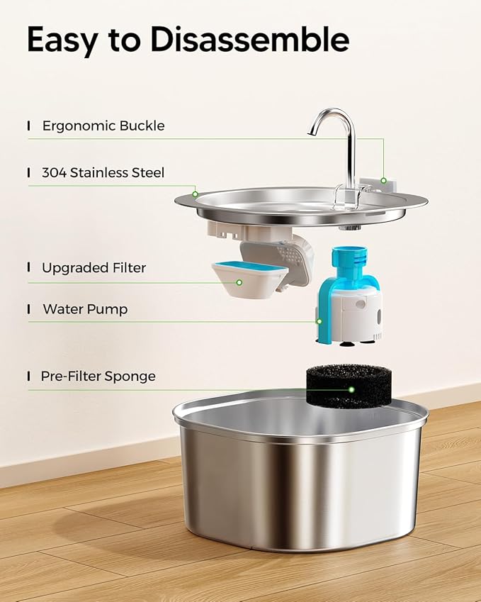 PEKTACO Cat Water Fountain, 3.2L/108oz Stainless Steel Pet Water Fountain for Cats Indoor, Dog Drinking Dispenser Metal Kitty Spout with 3 Filters+ 3 Sponges