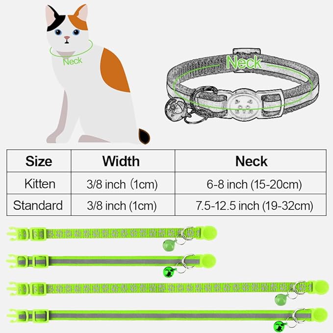 Taglory Reflective Cat Collar Breakaway with Bell, High Visibility Night Strip, Lightweight Adjustable Nylon Collar for Boy Girl Cats, 2 Pack, 7.5-12.5 Inch, Green