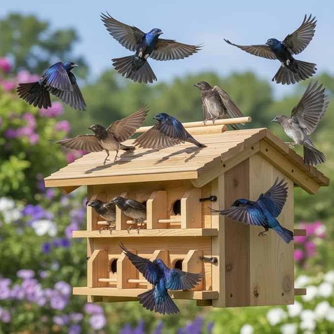 CEDAR ALPHA Purple Martin House Birdhouse for Outside, Starling Resistant Opening, with 12 Hole Rooms for Outdoor,Solid Western Red Cedar Wood Construction, Post Mountable, Bird House for Outside