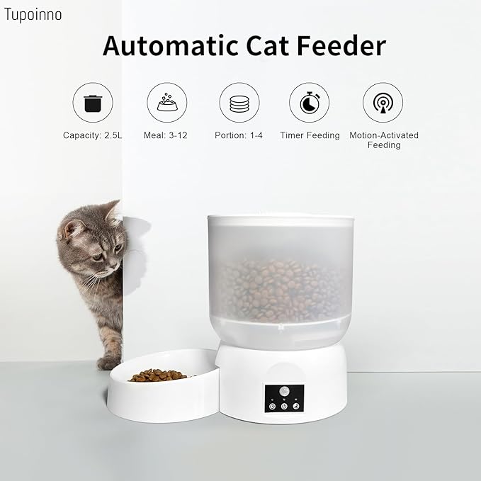 Automatic Cat Feeder, 2.5L Small Automatic Pet Feeder, Timed Cat Feeder with Motion-Activated 3-12 Meals at 2/4/6/8 Hour Intervals, 240-Day Battery Life