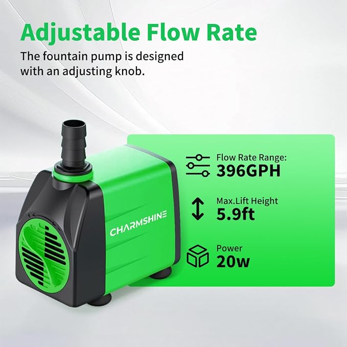 Small Fountain Pump Submersible Water Pump Aquarium 20W 396 GPH with 3 Nozzles & Free Filter Screen, Reinforced Motor, 8.2ft Power Cord Water Pump for Fish Tank,Hydroponics,Pond