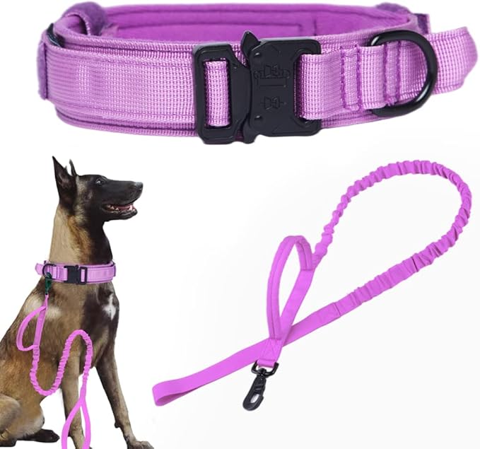 Xqpetlihai Tactical Dog Collar and Leash Set Adjustable Military Nylon Dog Collar with Control Handle and Heavy Duty Metal Buckle for Large Dogs （Purple XXL