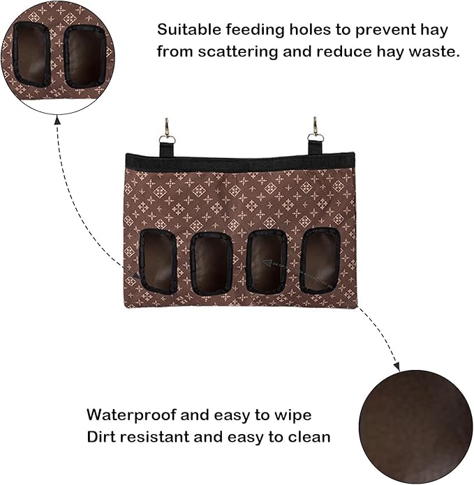 Rabbit Hay Feeder Bag, Large Capacity Rabbit Hay Bag Small Animal Hanging Hay Bag 600D Oxford Cloth Bunny Hay Feeder Bag for Rabbits Guinea Pigs Chinchillas (Brown-4 Holes-1Pcs)