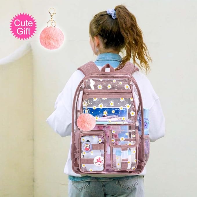 CCJPX 3Pcs Clear Backpack for Girls, School Transparent Bookbag, Heavy Duty See Through Backpacks for Teens Elementary