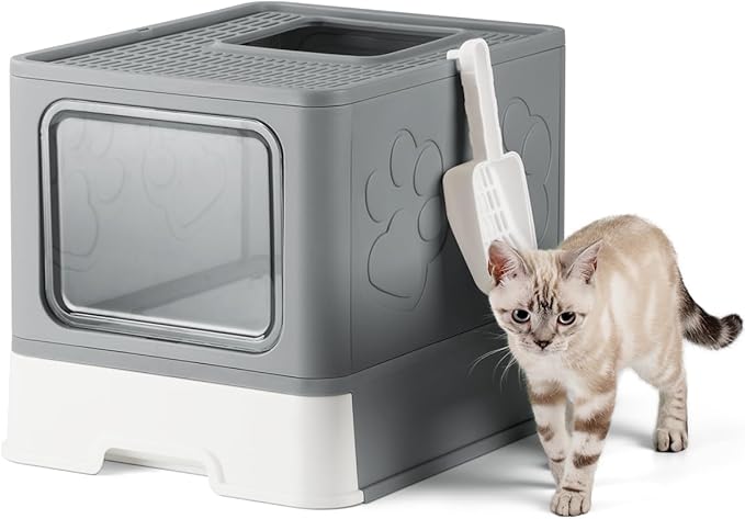 Covered Litter Box, Large Litter Box for Big Cats, Enclosed Cat Litter Boxes with Lid, Top Entry Kitty Litter Box with Scoop, Odor Control, Easy to Clean (Grey)