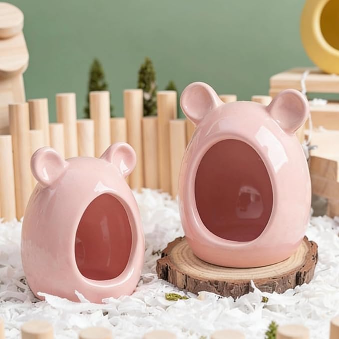 Ceramic Hamster Hideout Cute Guinea Pig House Summer Cool Bed for Ferrets Hedgehog Sugar Glider Cage Accessories (Pink)
