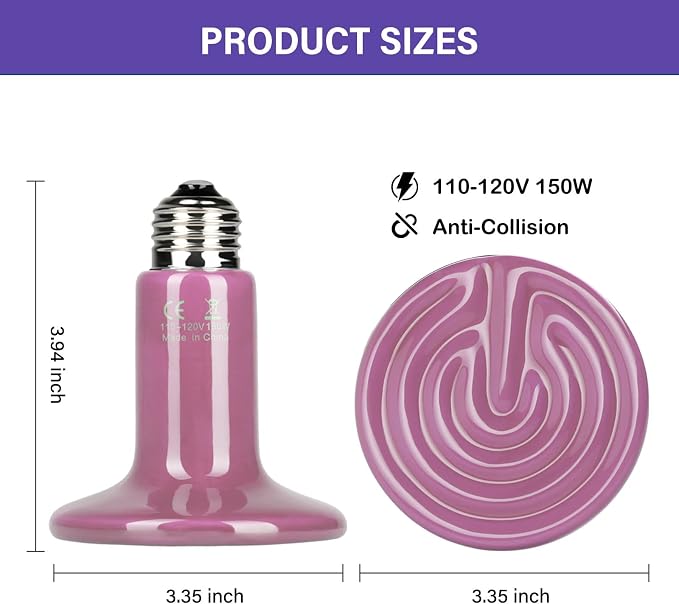 Simple Deluxe 150W 2-Pack Ceramic Heat Emitter Reptile Heat Bulb No Light, LCD Digital Aquarium Thermometer, for Reptile Amphibian, 4 Pack, Purple