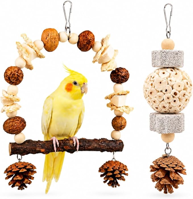 2 Pack Natural Bird Toys Set - Prickly Ash Wood Arch Swing with Walnuts & Cuttlebone - Sola Ball Shreddable Toy with Beak Grinding Pumice Stone, Cage Accessories for Cockatiel, Conure, Parakeets