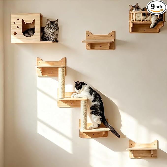 Cat Wall Shelves for Large Cats, 9PCS Solid Pine Cat Wall Furniture Set with House, Ladder Steps & Sisal Scratching Posts, Sturdy Mounted Climbing Shelves for Indoor Cats