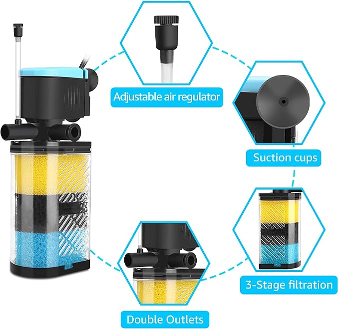 Kulife 3-Stage Aquarium Filter - Internal Filter for 70-100 Gallon Fish & Turtle Tanks with Dual Water Outlet & Aeration
