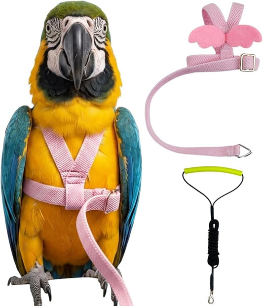 Adjustable Bird Harness with Elastic Leash, Pet Parrot Harness and Leash, Adjustable Training Design Anti-Bite, Bird Nylon Rope with Cute Wing for Conure (Pink,Macaw)