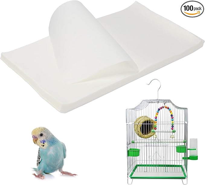 100 Pcs Bird Cage Liner Papers, 20 x 11 inch Non-Woven Gravel Liner Paper for Bird Cage, Disposable Cage Paper Liners Precut Absorbent Bird Cushion Paper Pad Accessories for Parrot Pet Cages
