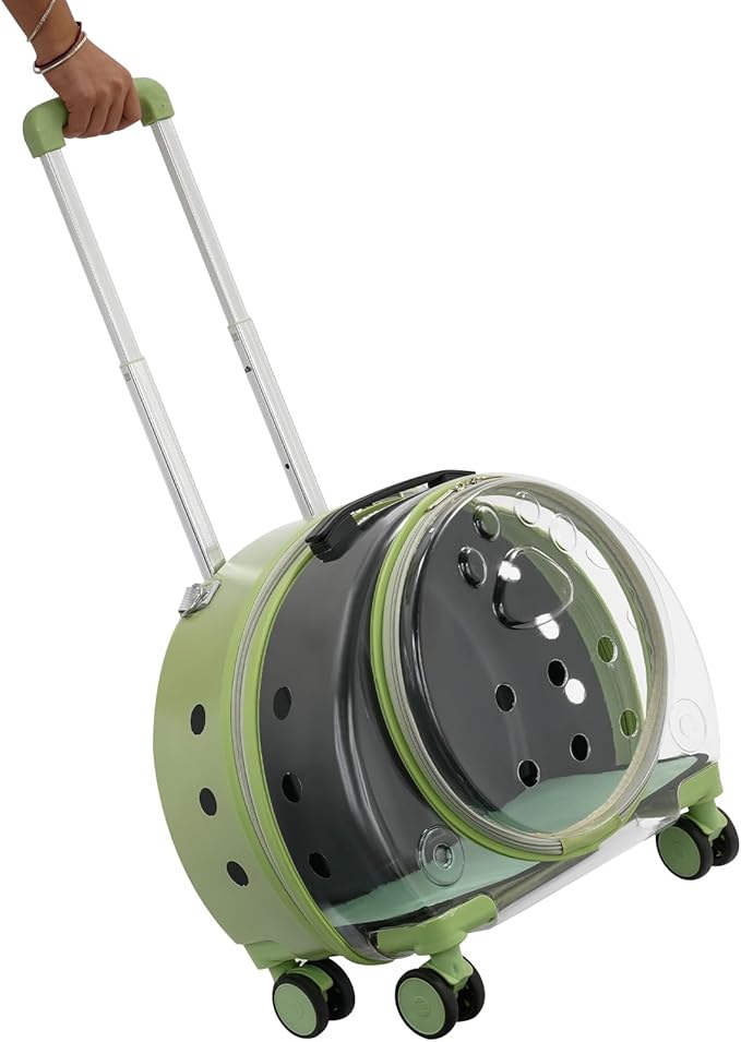 Cat Carrier with Wheels, Breathable Cat Rolling Carrier with Telescopic Handle, Bubble Cat Backpack Carrier, Pet Travel Bag for Small Dogs Pets, up to 19lbs, 15.7" x 10.6" x 17.7" (Green)