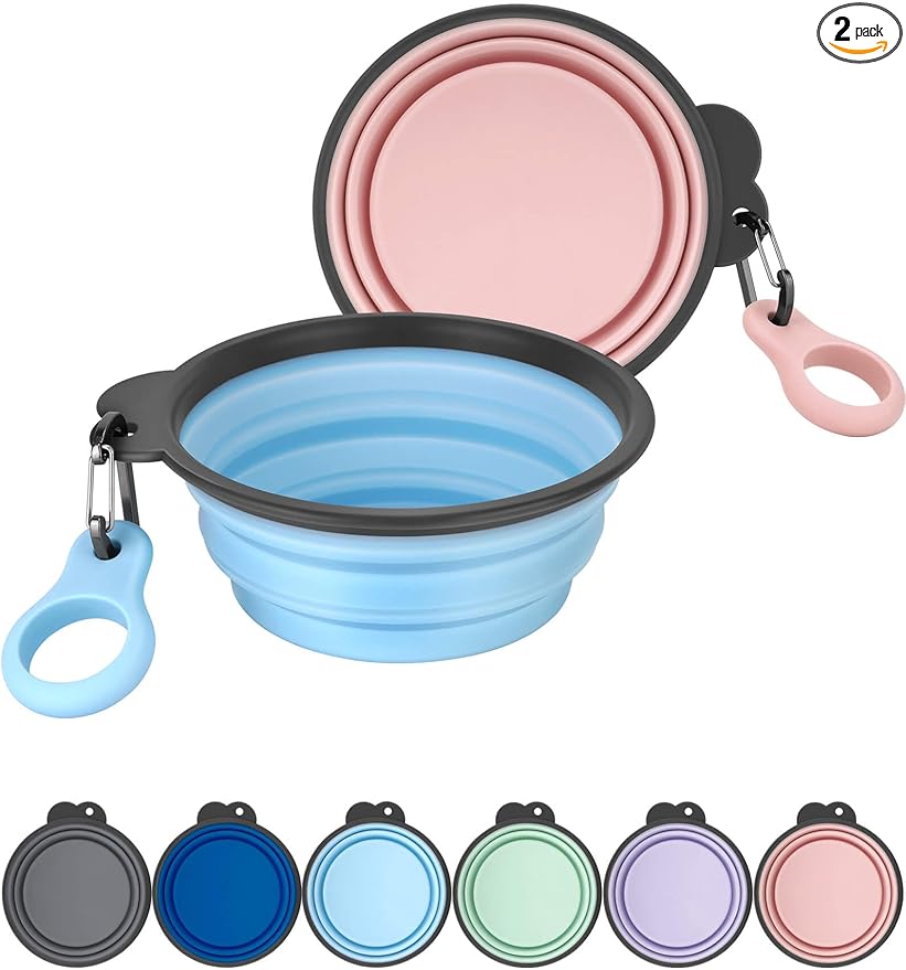 Aonkey Collapsible Dog Bowls with Bottle Carrier, 2 Pack Travel Dog Water Bowl Upgraded Carabiner, One-piece Molded Rim No Fall Off or Crack, Foldable Silicone Portable for Pets Walking Hiking 15oz