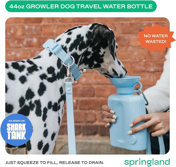 Springer Dog Water Bottle | Large Capacity Drinking Feeder Dispenser for Dogs & Puppies | As Seen on Shark Tank | Leak-Proof Bowl | BPA-Free | Outdoor Walking, Hiking & Camping | 44oz Blue