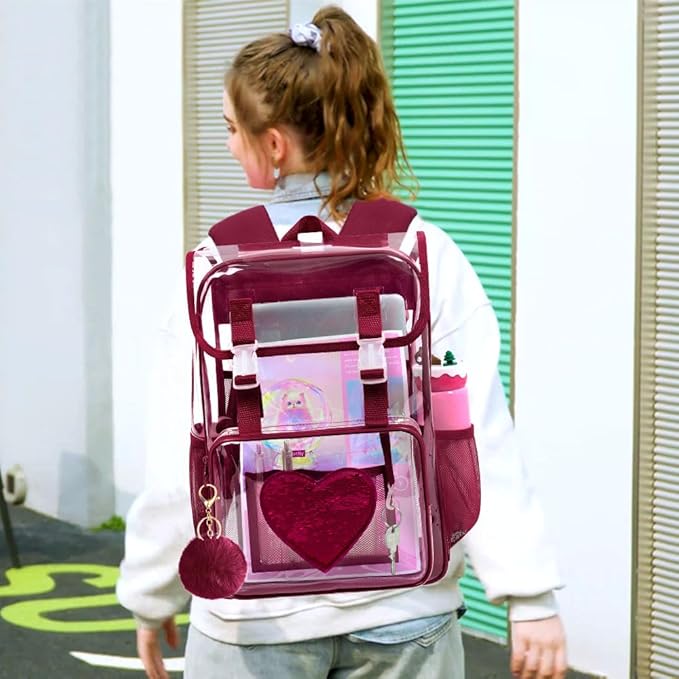 17" Sequin Clear Backpack for Girls - 3Pcs School Flip Design Stadium Approved Set, Gym/Concert Transparent Bookbag (Red)