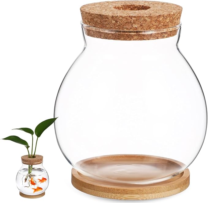 ibasenice Desktop Aquarium Fish Bowl Small Glass Betta Fish Tank with Bamboo Cushion Mini Aquarium for Hydroponic Plants Desktop Decor Office Home and Table Display