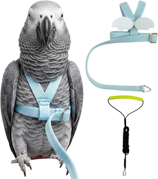 Adjustable Bird Harness with Elastic Leash, Pet Parrot Harness and Leash, Adjustable Training Design Anti-Bite, Bird Nylon Rope with Cute Wing for Conure (Light Blue,XXL)