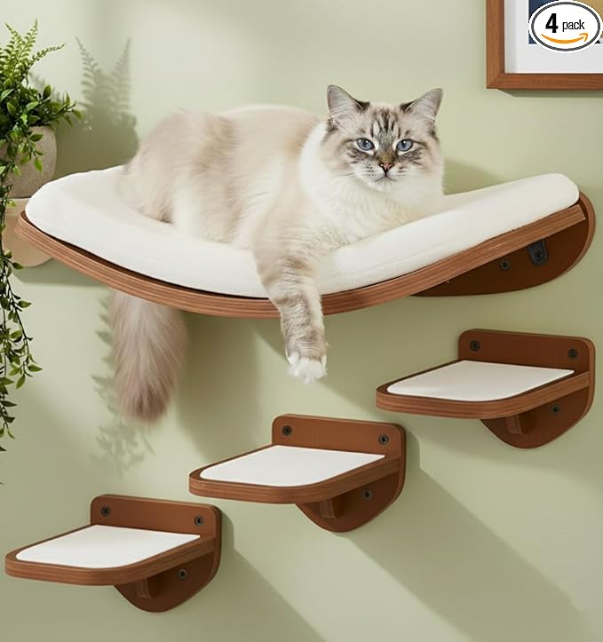 Cat Wall Shelves, Walnut Finish – Floating Cat Furniture with Curved Bed & Steps | Modern Minimalist Wood Climbing Shelves Set of 4 for Indoor Cats, Sturdy Wall-Mounted Design