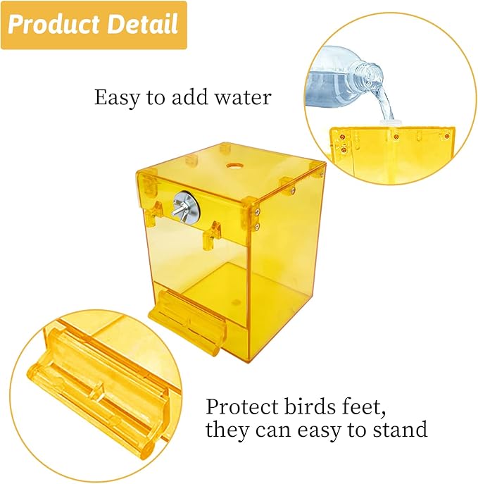 PINVNBY Yellow Acrylic Parrot Bath Box,Bird No-Leakage Bathtub for Cage Hanging Tube Shower Box Cage Accessory with Water Injector and Balls Toys for Small Pet Birds Canary Budgies Lovebirds(6 Pcs)