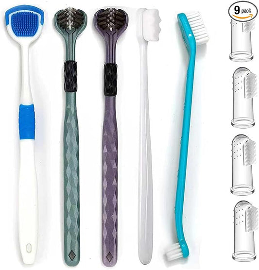 Dog Toothbrush Kit, 360-Degree Finger Three-Sided Design, Non Slip Dual Head Dog Toothbrush, Easy Teeth Cleaning and Dental Care (9 Pack)
