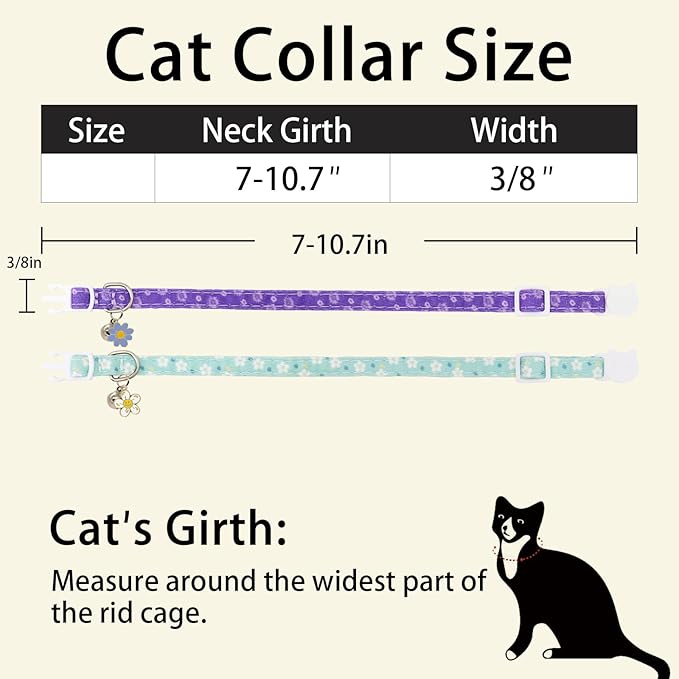 Cat Collars for Girl Cats & Boys, 2 Pack Soft Cotton Breakaway Collar with Removable Bell and Cute Charms, Adjustable Safety Pet Necklace, Flower