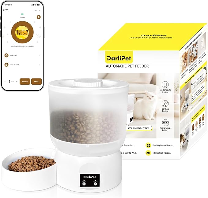 Automatic Cat Feeder with 270-Day Battery Life, Rechargeable Auto Cat Feeder with Slow Feed Mode & Very Quiet Dispensing, 2.5L App Controlled Small cat Food Dispenser for Cats & Small Dogs