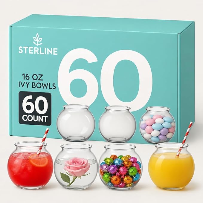 60 Pack Clear Plastic Ivy Bowls – 16 oz Reusable Mini Fishbowls for Candy, Crafts, Cocktails, Decor & More – Food Safe, BPA-Free, Unbreakable – Perfect for Events, Weddings & Parties
