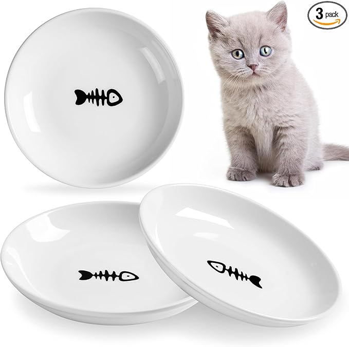 5.9 inch Ceramic Cat Bowls,Wide Shallow Dishes,Whisker-Friendly Plates,Food and Water Bowl for Indoor Cats,-10 oz,3 Pack