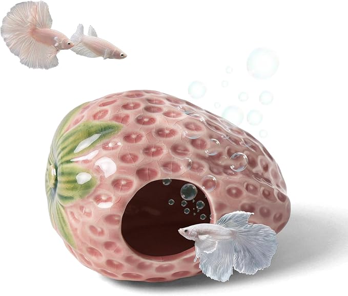 Pink Aquarium Decor Ceramic Cute Strawberry Betta Fish Tank Cave | Smooth-Surface Safe for Fish Hiding & Breeding, Easy-Clean, No Assembly, for Play & Rest,Fits 2.5-5 Gallon Fish Tanks