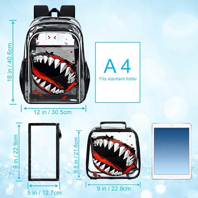16" Shark Clear Backpack for Boys - 3Pcs School Stadium Approved Transparent Set, Campus See Through Bookbag with Lunch Box (Black)