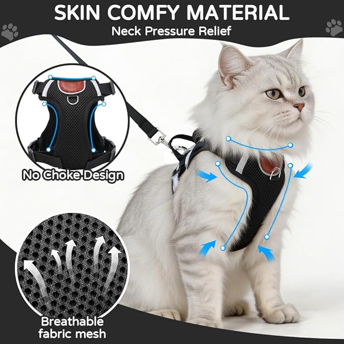 Cat Harness and Leash Set with Holder Compatible with AirTag, Upgraded Escape Proof Kitten Harness with Lead for Large Adult Cats, Soft Mesh Jacket Vest for Walking, Reflective & Adjustable, Black, M