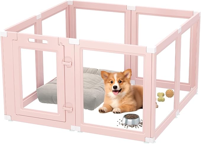 DIY Clear Acrylic Dog Playpen Indoor, Transparent Easy Cleansing Puppy Fence with Suction Cup, Easy-Assemble Indoor Whelping Crate for Small Puppies (23.6" H, 8PCS), Pink