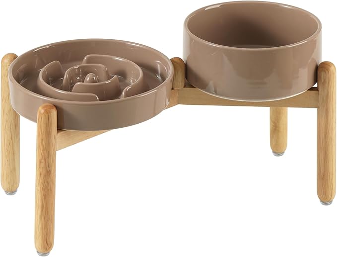 Havniva Ceramic 1.2 Cup Raised Slow Feeder Dog Bowl Set, Elevated 6.1inch Bowl and 7.3inch Puzzle Slow Food Dish with Wooden Stand for Medium and Small Dog, Anti-Gulping (2 x Brown Coffee+ Stand)