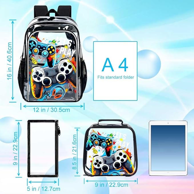 KLFVB 3PCS Clear Backpack for Girls and Boys, Kids See Through Backpacks Stadium Approved, Transparent Bookbag for Elementary
