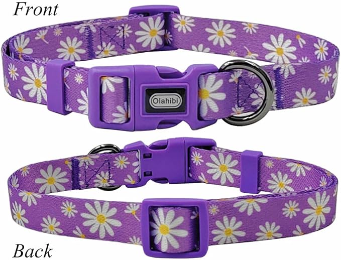Dog Collar Leash Set, Floral Pattern, Polyester Material, Adjustable Collar and 5ft Matching Leash, for Medium Dogs.(M, Purple Daisy)