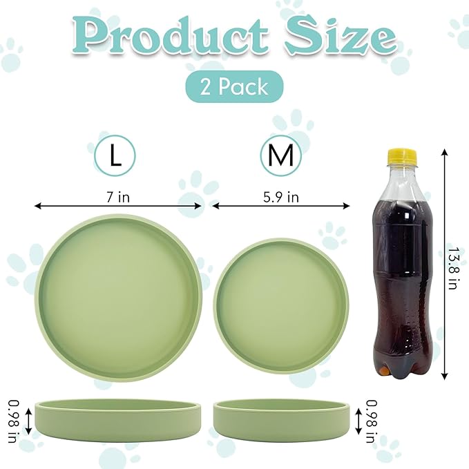 Silicone Cat Food Bowl Shallow Dishes 5.9in Wide Cats Bowls Kitty Plates Relief Whisker Fatigue Puppy Feeding Bowl for Dry Food and Wet Food Indoor (Round Bean Green)