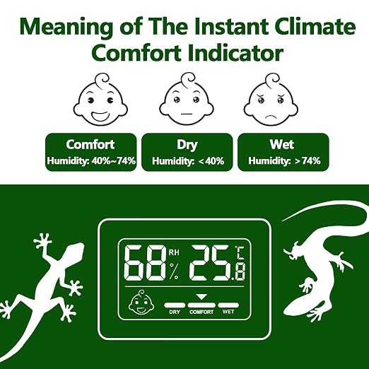 Reptile Thermometer Hygrometer with Climate Comfort Indicator, Fast Accurate LCD Digital Temperature & Humidity Monitor for Terrarium, Bearded Dragon, Gecko, Snake Tank