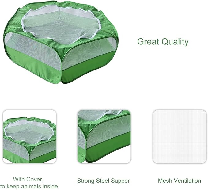 Small Animal Playpen with Zippered Mesh Cover - Portable Foldable Chicken Brooder Box, Indoor Outdoor Enclosure for Guinea Pigs, Bunny, Rabbits, Ferrets, Chinchillas, Kittens (Green)