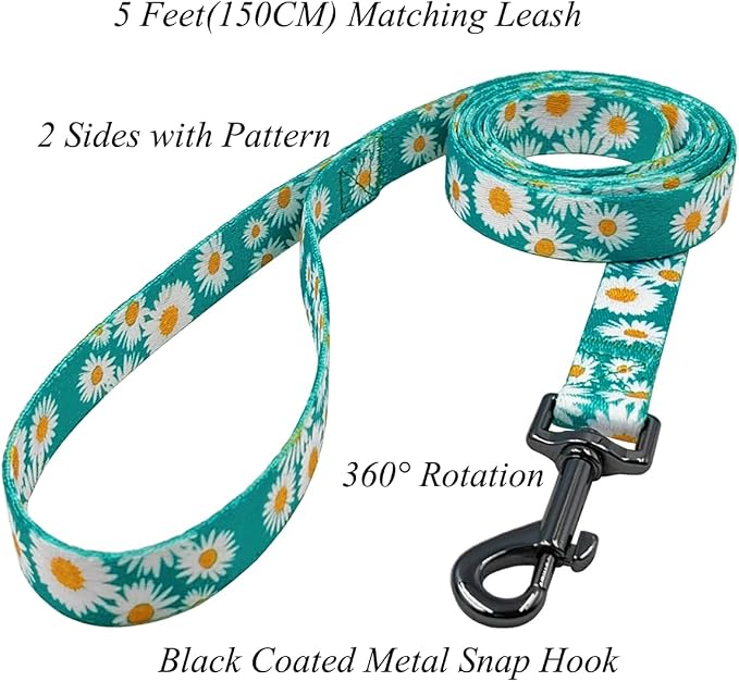Dog Collar and Leash Set, Cute Daisy Pattern, Polyester Material, 5ft Leash, for Medium Dogs.(Medium,Green Daisy)