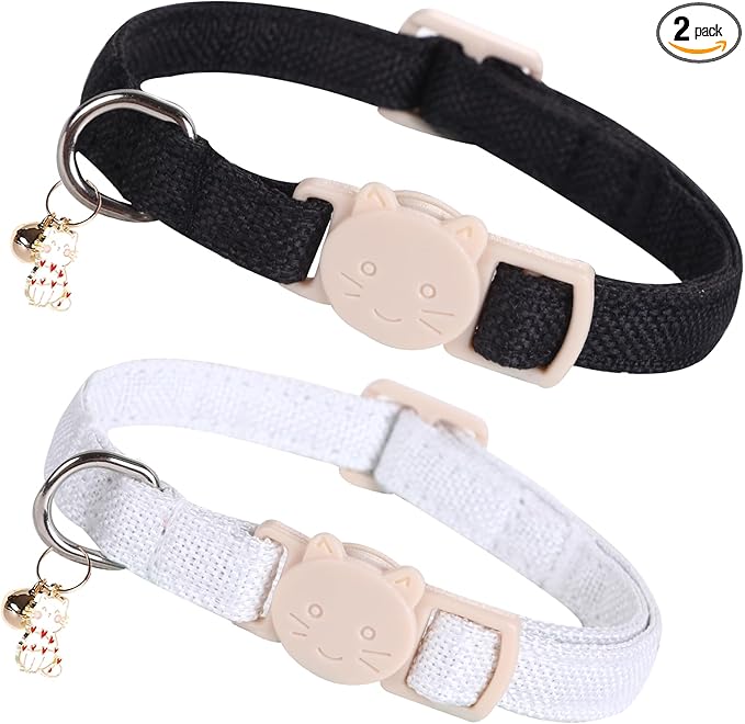 Elegant little tail 2 Pack Cat Collar- White Linnet Cat Collars Breakaway with Bell Pendant Wedding Kitten Boy Girl Safety Adjustable 7-12 Inch Collar for Small Cats Puppy