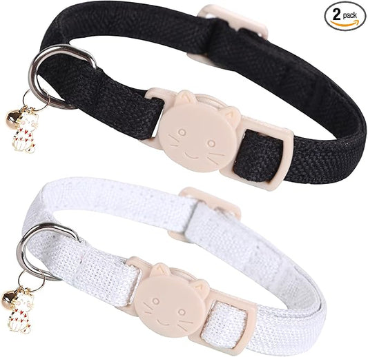 Elegant little tail 2 Pack Cat Collar- White Linnet Cat Collars Breakaway with Bell Pendant Wedding Kitten Boy Girl Safety Adjustable 7-12 Inch Collar for Small Cats Puppy