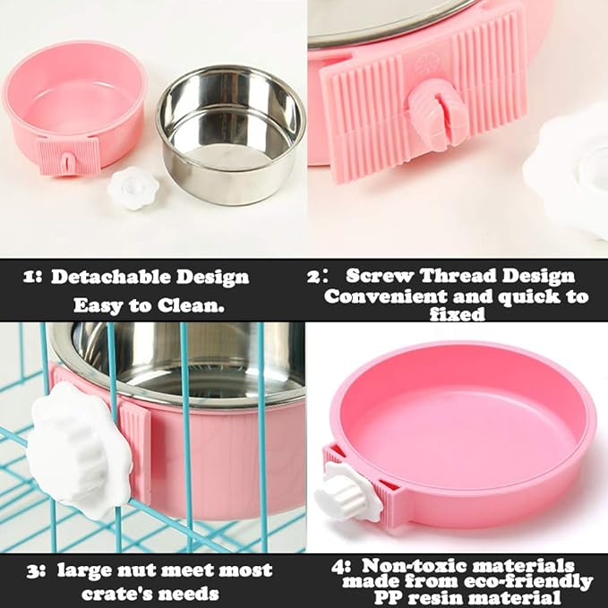 Crate Dog Bowl,Removable Stainless Steel Water Food Feeder Bowls Crate Coop Cup,Pet Cage Bowls with Bolt Holder for Cat, Puppy, Birds, Rats, Rabbits Small Animals ((Blue+Pink) Round, Large)