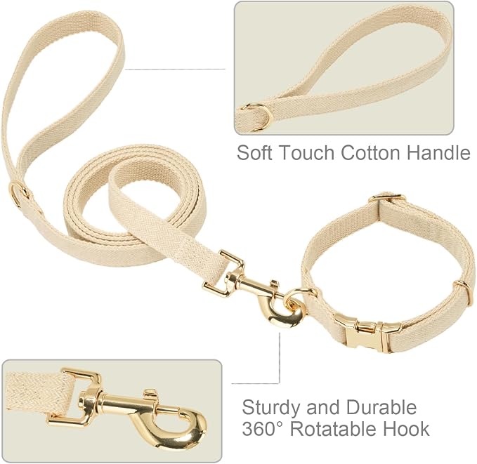 Soft Dog Collar and Leash Set Adjustable Woven Tweed Dog Collars with Metal Buckle and Lead for Small Medium Large Dogs,Beige