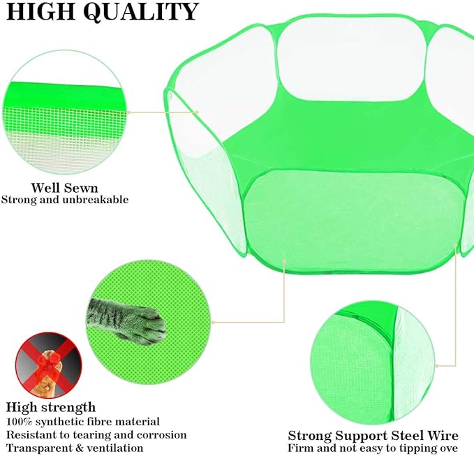 Small Animals Tent,Reptiles Cage,Breathable Transparent Pet Playpen Pop Open Outdoor/Indoor Exercise Fence,Portable Yard Fence (Cool Green)