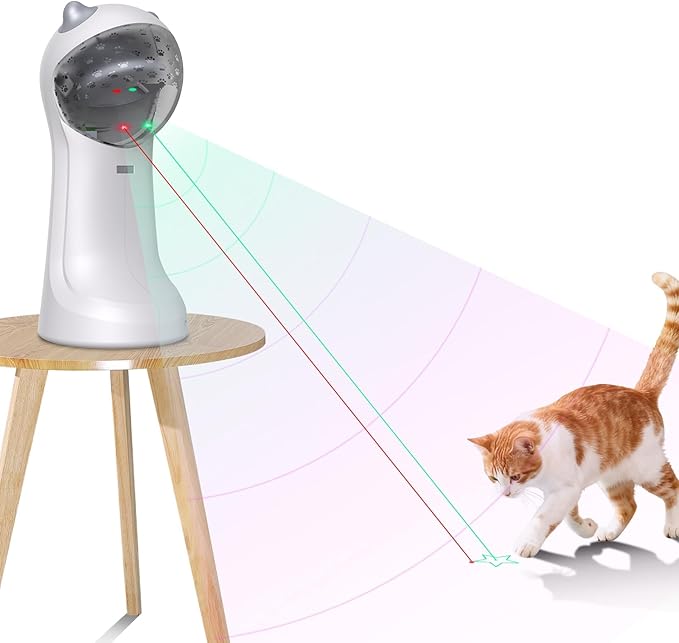 Waputne Automatic Cat Toy, Motion-Activated Interactive Cat Toy - 5 Fun Patterns, 4 Speed Modes, Adjustable Light Angles, Random Rotating Trajectory, Rechargeable(Red Dot + Green Star)