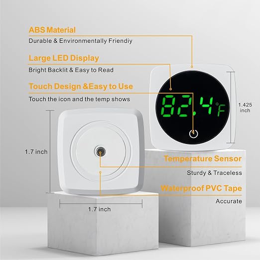 Aquarium Thermometer w/LED Touch ±0.9°F Stick On Fish Tank Betta | LED Digital Display,Accurate ±0.9°F,Touch Control Button,Stick On Mount,For Fish Axolotl Turtle,Aquarium Pet Use
