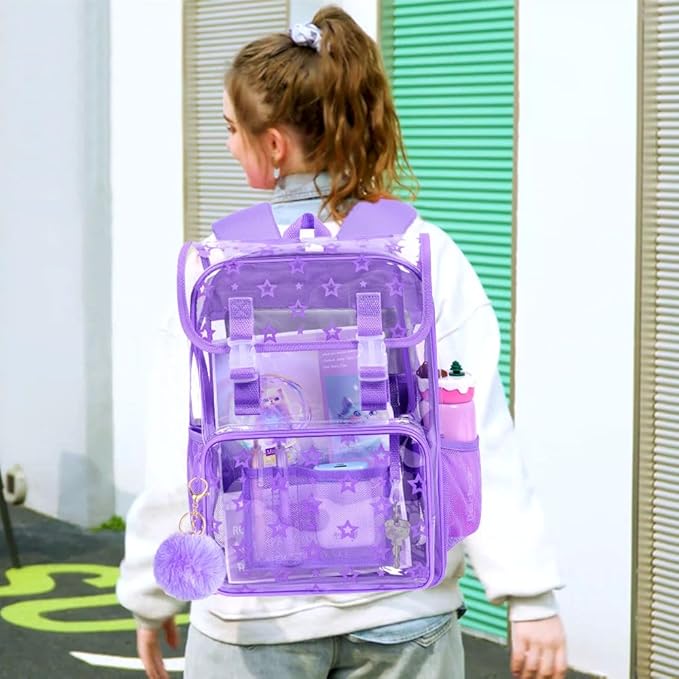 17" Clear Backpack for Girls - 3Pcs Flip Design Stadium Approved Set, Campus/Travel Transparent Bookbag (Purple)